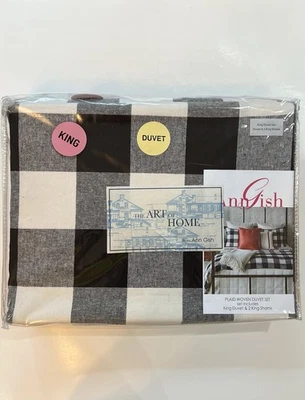 Ann Gish The ART Of Home King Duvet 2 Shams PLAID DUVET SET Black White NWT - Image 1 of 4
