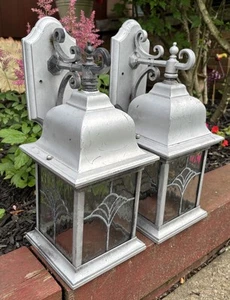 Vintage Pair of Arts & Crafts Style Porch Outdoor Wall Lights Leaded Glass Panel - Picture 1 of 14