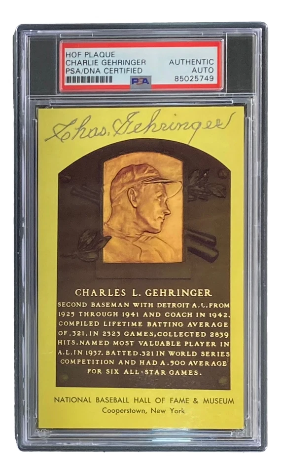 Charlie Gehringer Signed 4x6 Detroit Tigers HOF Plaque Card PSA/DNA 85025749 - Image 1 of 4