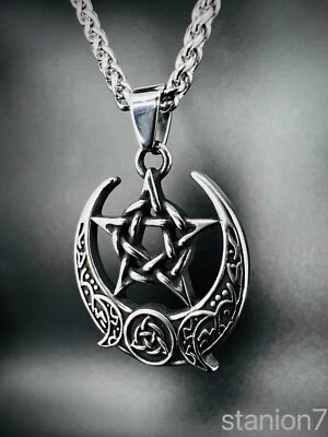 Pentagramm Stern Mond Kelten Knoten Wikinger Hexe Anhänger Edelstahl Kette 346A - Bild 1 von 4