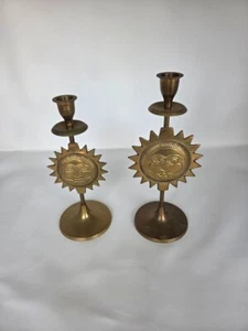 Paar Vintage Messing Sonnengesicht Kerzenständer Halter Himmlisch Boho Deko Set - Bild 1 von 6