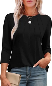 3/4 Length Sleeve Womens Tops round Neck Casual Tunic Tops Basic Pleated Shirts  - Picture 1 of 12