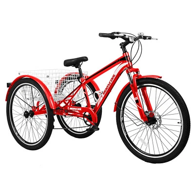 Adult Mountain Bike 7 Speed 3 Wheel 26'' Mountain Tricycle Cruiser Trike+Basket - Image 1 of 4