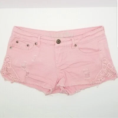 Vanilla Star Distressed Pink Cut Off Denim Short Shorts with Crochet Details - Image 1 of 4