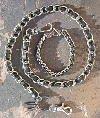Misfit’s Edge: Chrome & Leather Chain Set – Wallet Chain & Bracelet Duo - image 1 of 4