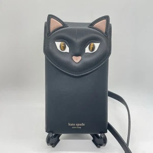 kate spade Black Cat Kitty Leather Phone Case Holder Crossbody - Picture 1 of 8