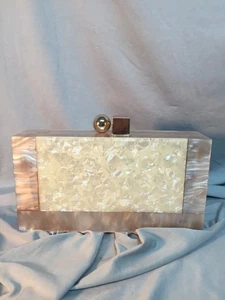Vintage Acrylic Evening Clutch Bag Off white / Peach Marbleized - Picture 1 of 6