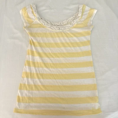 Y2K Vintage Abercrombie Yellow White Striped Off the Shoulder  Babydoll Top - Image 1 of 4