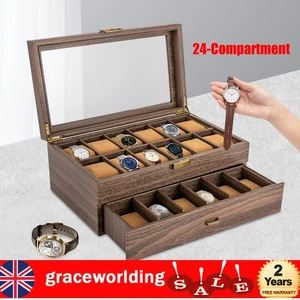 2 Drawers Watch Box 24 Slots Men Jewelry Holder Display Storage Case Organizer - Picture 1 of 20