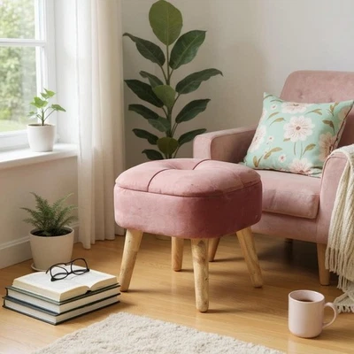 Modern Mustard Pink Ottoman Footstool for Velvet Padded Lift Up Storage Lounge - Image 1 of 4