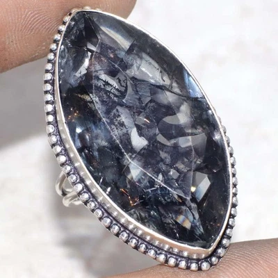 Faceted Cracked Black Crystal 925 Silver Plated Gemstone Ring US 11.5 AU O861 - Image 1 of 3