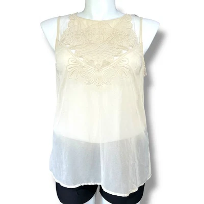 Kenar Womens Sheer Blouse Tank Top Embroidered Floral Design Button Down Beige  - Image 1 of 4