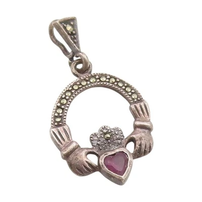 925 Sterling Silver Vintage Pendant Amethyst & Marcasite Claddagh Charm  PT25487 - Image 1 of 4