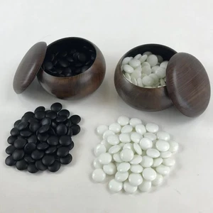 Japanese Go Stone Goishi Game Pieces Vtg Brown Plastic Bowls Glass GO84 - Picture 1 of 12