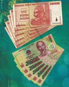 5 x 50 Billion Dollars Zimbabwe + 5 x 10,000 Vietnam Dong VND Banknotes + COA - Picture 1 of 3