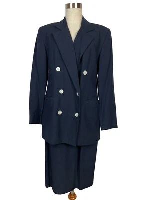 Vtg JH Collectibles Navy Blue Double Breasted Jacket Skirt Suit Linen Blend Sz 8 - Image 1 of 4