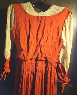 ANTIQUE LATE 1800'S HAND SEWN RED FLOOR LENGTH DRESS WITH LACE AND VELVET - Image 1 of 4