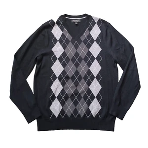 Banana Republic Sweater Mens M Black Gray Argyle V Neck Merino Wool Long Sleeve - Picture 1 of 15