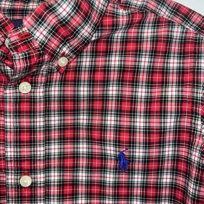 Ralph Lauren Boys Red Black Plaid Sleeve Button Down Shirt Size 6 Christmas - Image 1 of 4