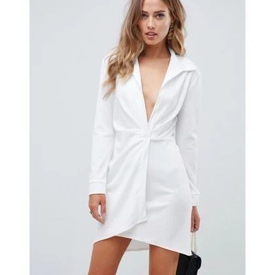 NUEVO SIN ETIQUETAS ASOS Blanco Manga Larga Envolvente Sexy Cuello Abierto Minimal Vestido de Cóctel 4 Foto 1 de 4
