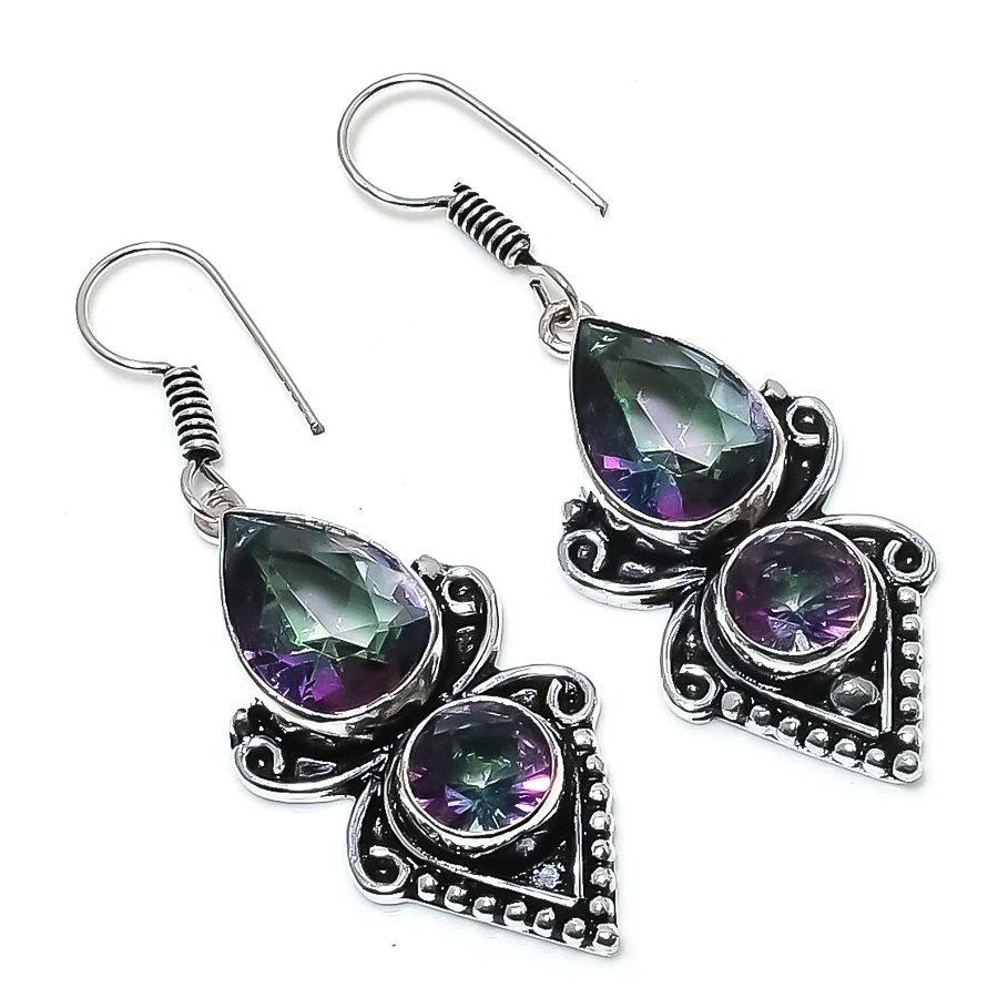 Mystic Topaz Gemstone Handmade 925 Sterling Silver Jewelry Earring Size 2" - Image 1 of 1