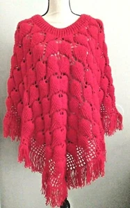 Handmade Crocheted Bright Red Fringe Boho Poncho Shawl (Christmas Valentines) - Picture 1 of 5