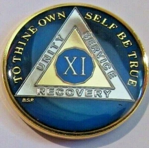 Blue Alcoholics Anonymous 11 Year AA Gold Medallion token coin chip Sober - Picture 1 of 9