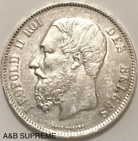 (1) 1835-1909 Belgium 5 Francs Crown King Leopold II Au-Bu Unc. 90% Silver Cover