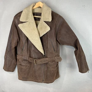 Y2K L Brown Distressed Leather Belted Jacket w Sherpa Trim Grunge Pilot Biker - Picture 1 of 15
