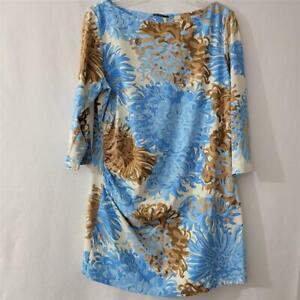 J. McLaughlin Blue, White, Brown Floral Print Catalina Cloth Tunic Top Size XL