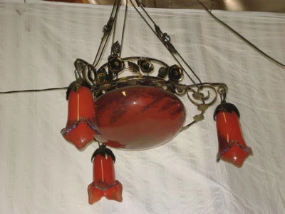 Art Deco Style  Wrought Iron /glass Chandelier Red Multicolor - Image 1 of 2