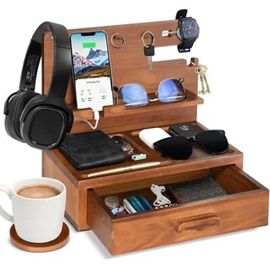 Phone Docking Station with Drawer Wood Nightstand Organizer for Men Bedside O... - Picture 1 of 7