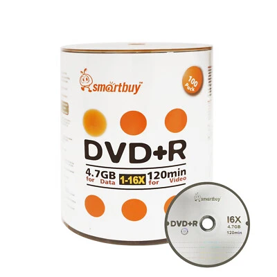 100 Smartbuy 16X DVD+R DVDR 4.7GB Logo Top Data Video Blank Recording Disc - Image 1 of 3