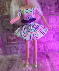 VTG Barbie Glam Neon Fashion Shirt And Skirt Multicolor Outfit Zigzag + Shoes  - Picture 1 of 11
