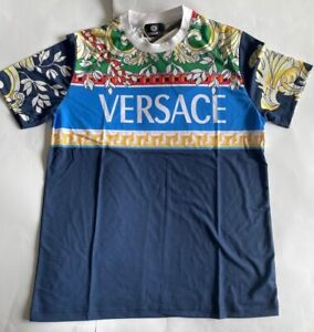 Versace Men's Crew T-shirt  Navy Blue Print Logo Italy  Size M