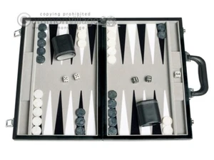 15 Zoll Kunstleder Backgammon Set - Intarsien Samtfeld - Schwarz/Grau - Bild 1 von 6