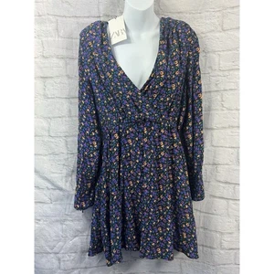 Zara A-line Dress Size L Blue Pink Ditsy Floral Low V-Neck Long Cottagecore BNWT - Picture 1 of 10