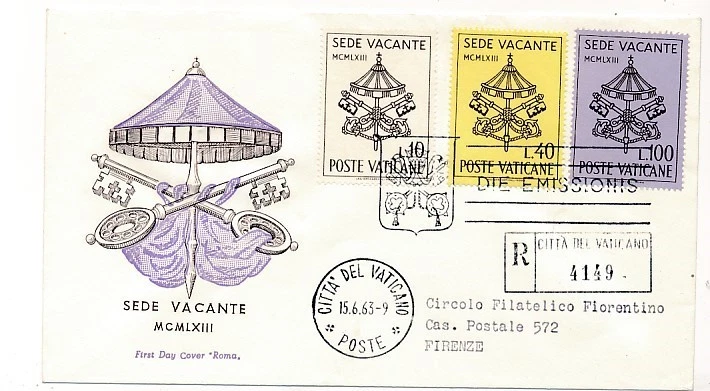 D222565  1963 Keys of St.Peter & Papal Chamberlain's Insignia FDC Vatican City  - Image 1 of 1