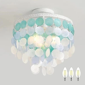 13.8" Natural Capiz Shell Chandelier 3 Light Mini Chandelier Boho Ceiling Light  - Picture 1 of 6