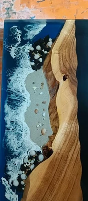 24x15" Realistic Ocean Shore Epoxy Resin & Wood Table Top - Image 1 of 4