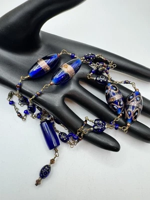 Stunning Italian venetian Murano Blue Bronze Wedding Cake Art Glass Necklace Vtg - Image 1 of 4