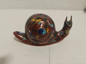 Vtg Brass Cloisonne Snail Figurine Maroon Brown Blue White Lotus Floral Leaves - Picture 1 of 10