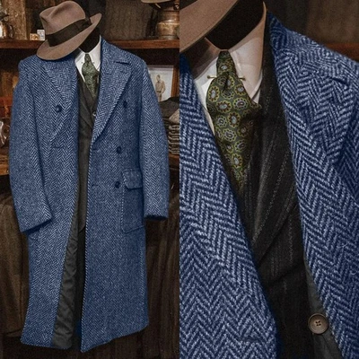 Men Overcoat Herringbone Wool Blend Tweed Long Coats Double Breasted Knee Length - Image 1 of 4