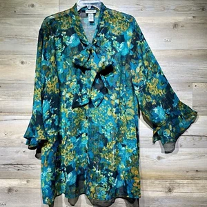 Catherines Sheer Top 2X Blue Metallic Floral Button Up 3/4 Bell Sleeve Tie-Neck - Picture 1 of 10