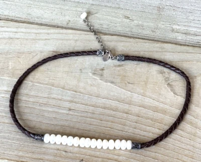 Signed W 925 Sterling Silver Real Pearls Brown Braided Leather Cord 17” Necklace - Image 1 of 3