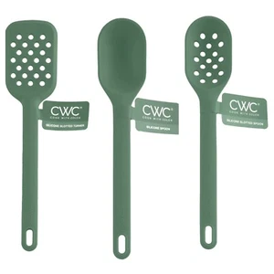 3 Silicone Kitchen Tools Set Slotted Turner & Spoon, Basting Spoon Green 12” - Picture 1 of 4