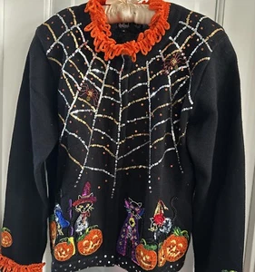 BEREK Sweater Crochet Medium Halloween Embroidered Sequins Beaded BLACK CATS - Picture 1 of 8