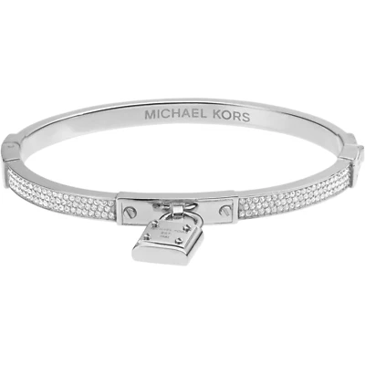 Michael Kors Pave Hinge Padlock Bangle Silvertone Charm Forever Love - Image 1 of 4