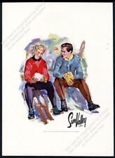 1956 Sun Valley ski area happy couple with skis color art vintage print ad