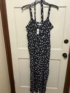 Ann Taylor LOFT Navy Blue White Bee Print Pleated Wide Leg Jumpsuit Size 14 NWT - Picture 1 of 5